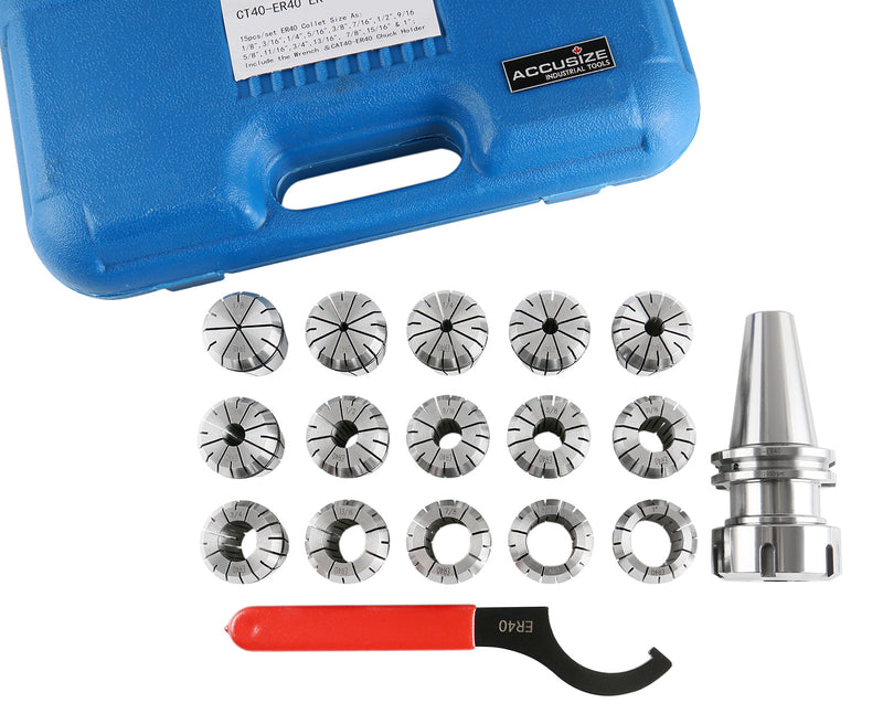 Cat40 Shank and 15 Pc Er40 Collet Set with Wrench in Fitted Strong Box, 1/8 to 1 inch, Ct40-Er40