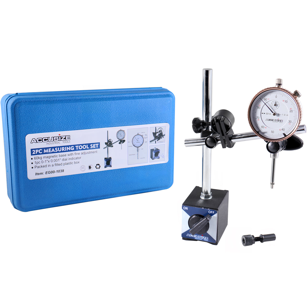0-1'' by 0.001'' Dial Indicator with Magnetic Base Set, 60 Kg Capacity, Eg00-1038