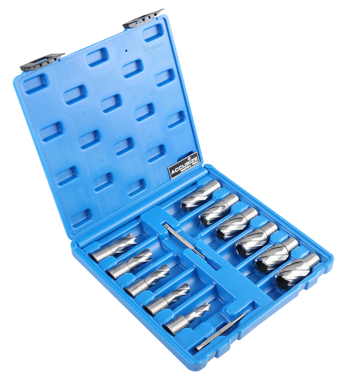 13 Pc 7/16'' to 1-1/16'' Hss Annular Cutters, 1'' Cutting Depth, 3/4'' Weldon Shank, with 2 Pilot Pins, Strong Box, N10