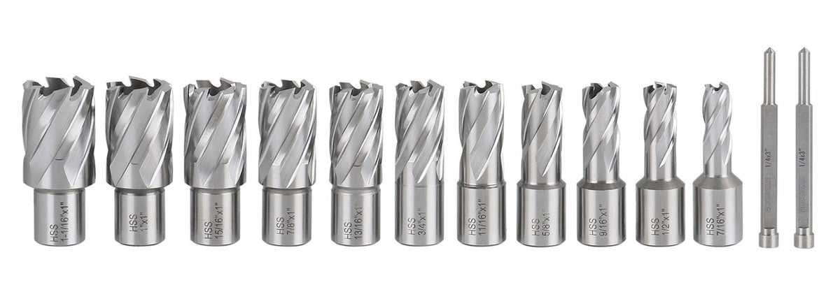 13 Pc 7/16'' to 1-1/16'' Hss Annular Cutters, 1'' Cutting Depth, 3/4'' Weldon Shank, with 2 Pilot Pins, Strong Box, N10