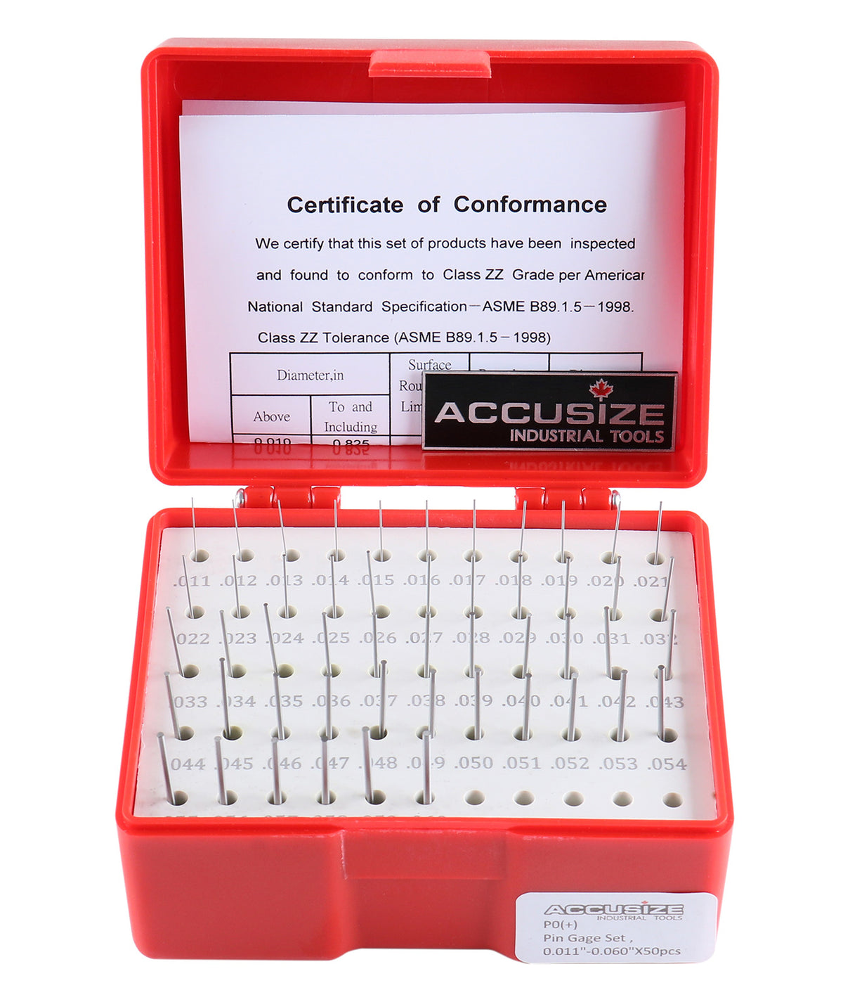 Accusize Industrial Tools 0.011''-0.060'', 50 Pc Steel Plug Pin Gage Set, Plus, Class Zz, P0(+)