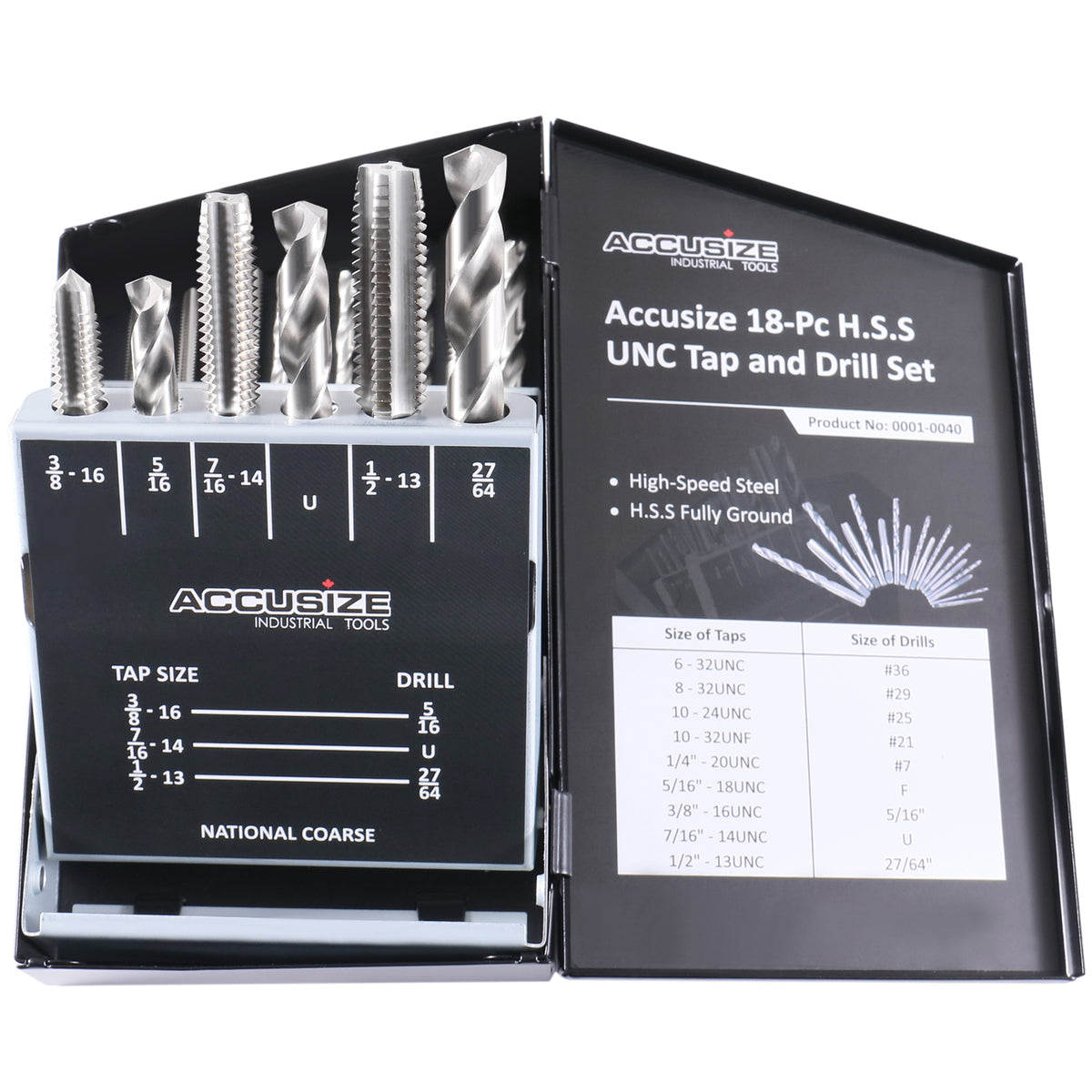 HSS Tap and Drill Set, UNC, 18 Pc, 0001-0040
