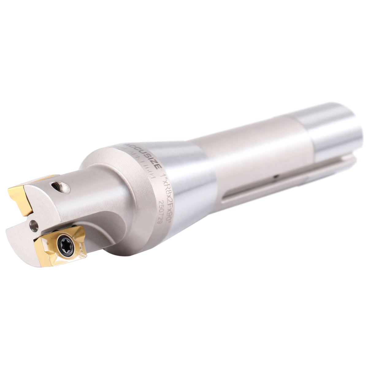 1'' by 5-27/32'' 90 Degree R8 Shank Indexable End Mills with 2 Apkt1604 Carbide Inserts Installed, 0028-6903