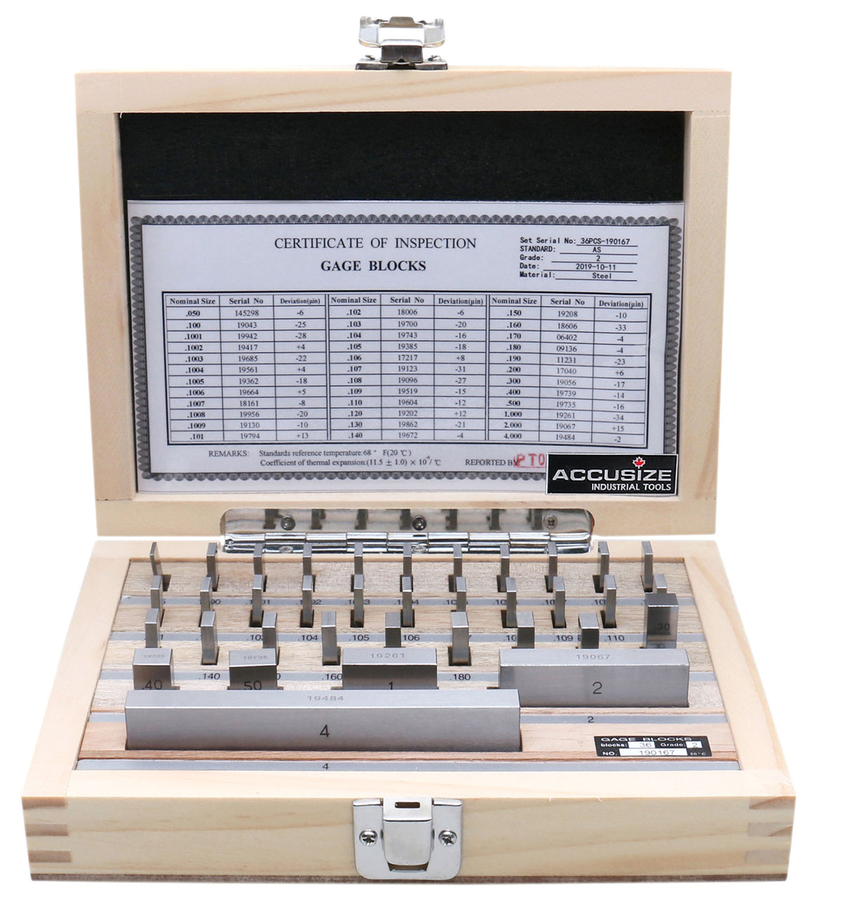 36 Pc Steel Gage Block Set, Grade As-2 Asme B89.1.9-2002, with Mfg Certificate, 0036-6001