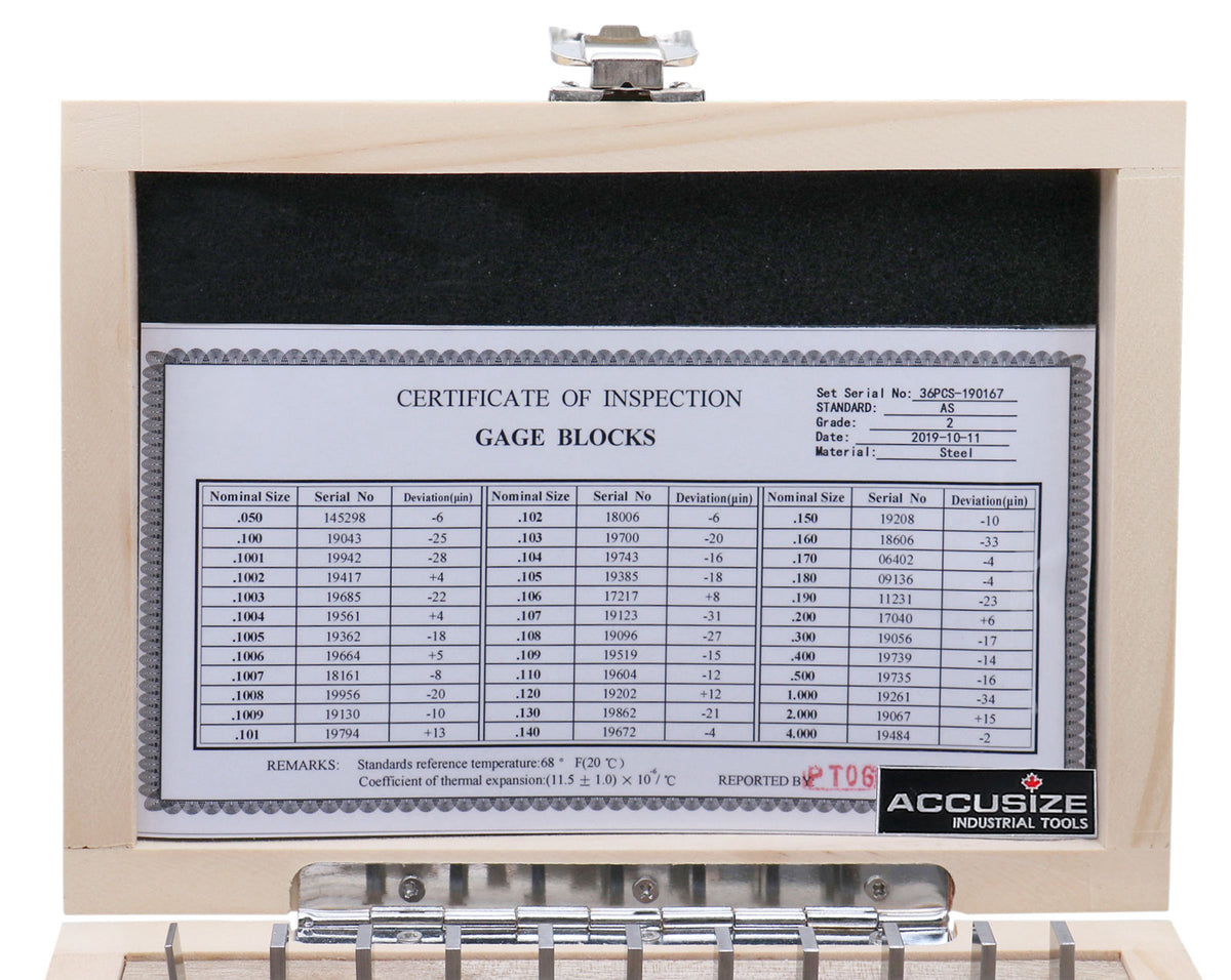 36 Pc Steel Gage Block Set, Grade As-2 Asme B89.1.9-2002, with Mfg Certificate, 0036-6001
