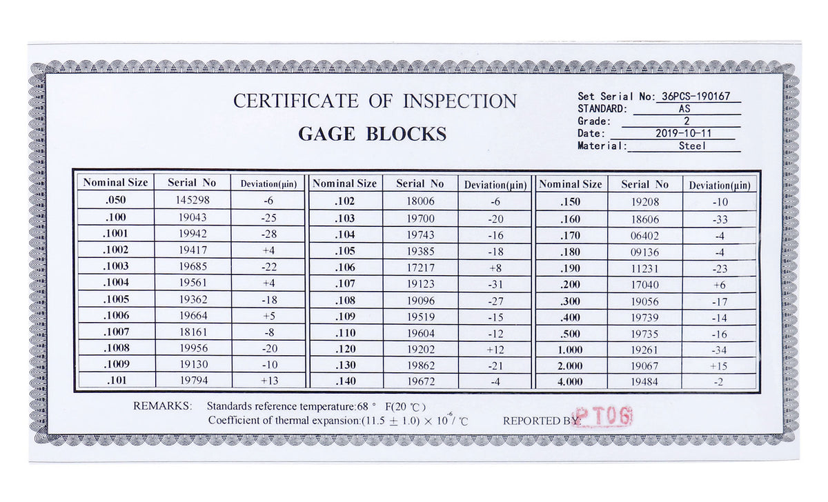 36 Pc Steel Gage Block Set, Grade As-2 Asme B89.1.9-2002, with Mfg Certificate, 0036-6001