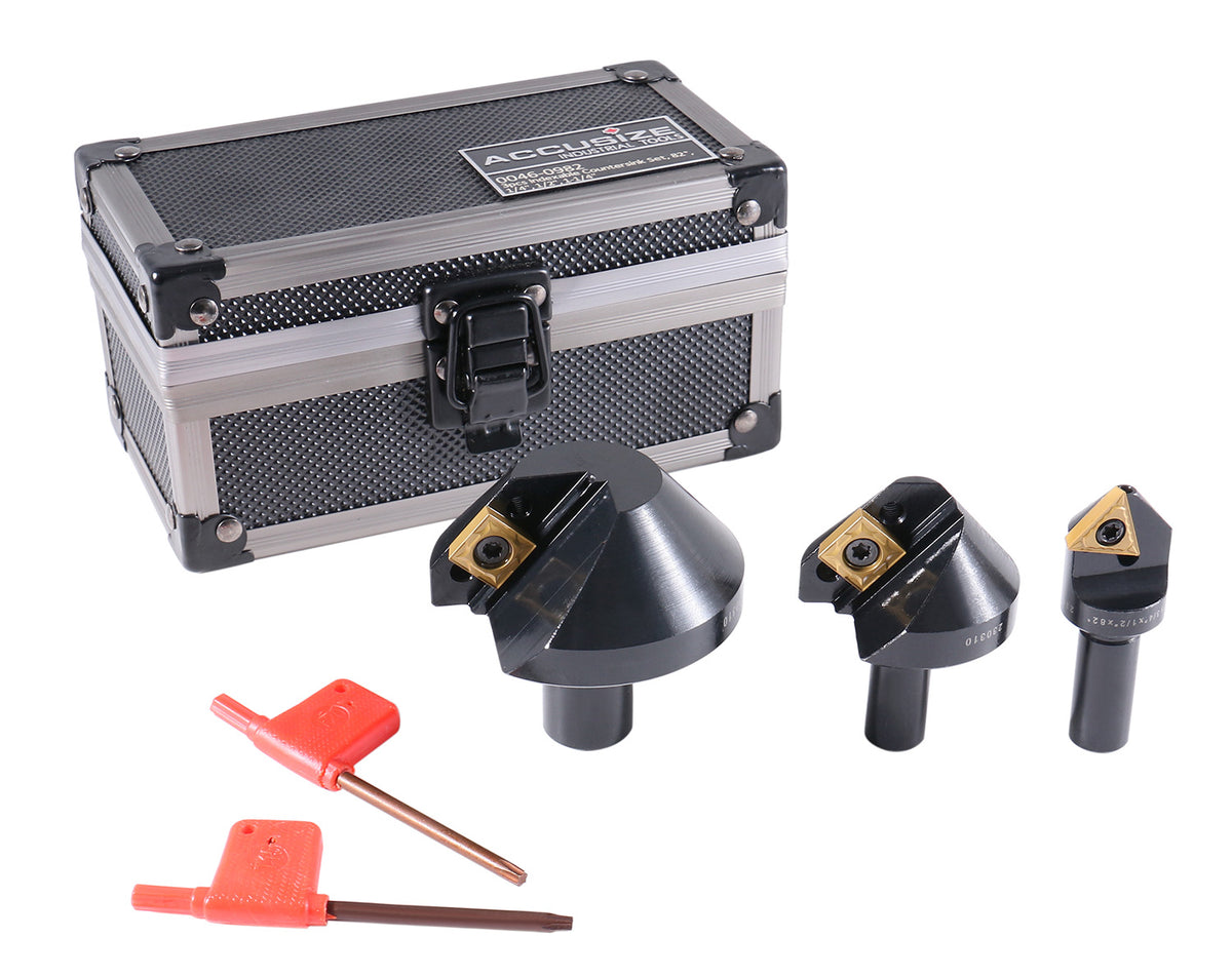 Accusize Industrial Tools, 1/4'', 1/2'' and 1-1/4'' 82 Degree Indexable Carbide Countersinks, 0046-0982