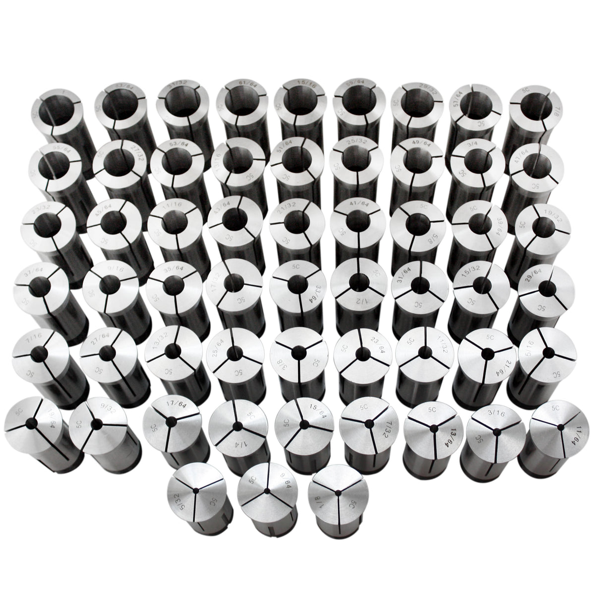 57 Pcs 1/8-1'' by 64th 5c Precision Round Collets, Hardened and Ground, 0200-0573