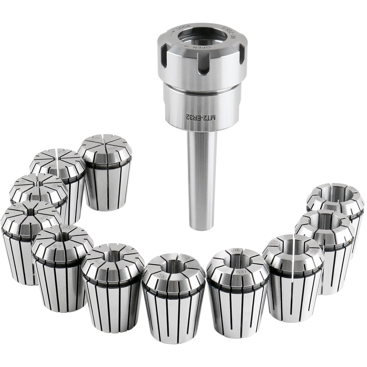Mt2 Shank Er32 Chuck with 11Pc Collets Kit, 1/8'' - 3/4'' by 16Th, Morse Taper Collet System, 0223-0303