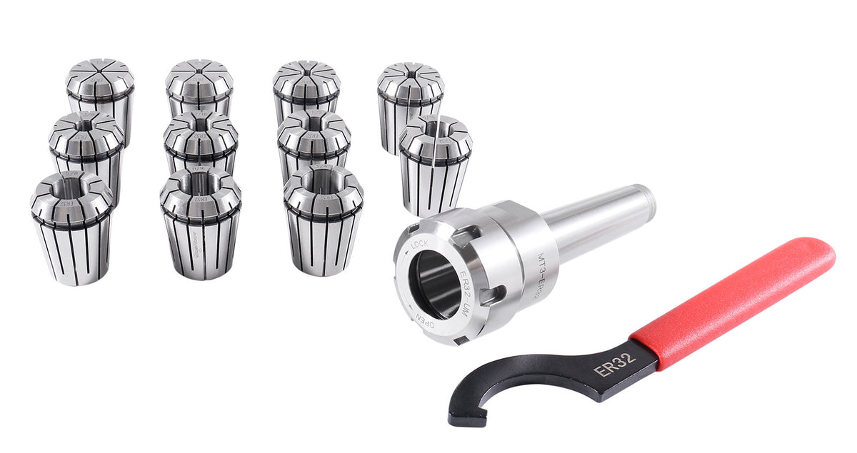 Mt3 Shank Er32 Chuck with 11Pc Collets Kit, 1/8'' - 3/4'' by 16Th, Morse Taper Collet System, 0223-0304