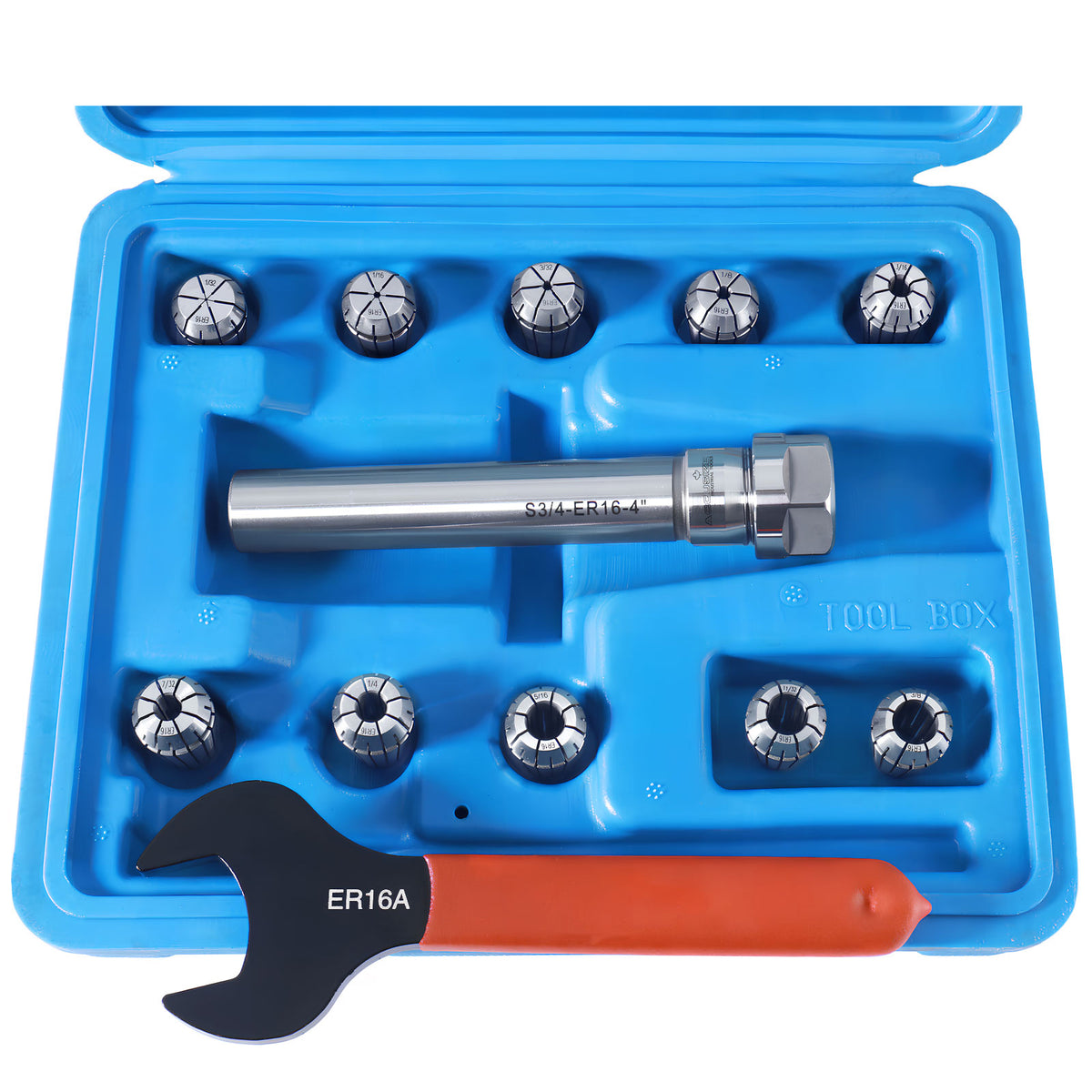 Er16 Collet Set, 1/32'' to 3/8'', 3/4'' by 3.35'' Chuck Holder plus Wrench in Fitted Strong Box, 0223-0307