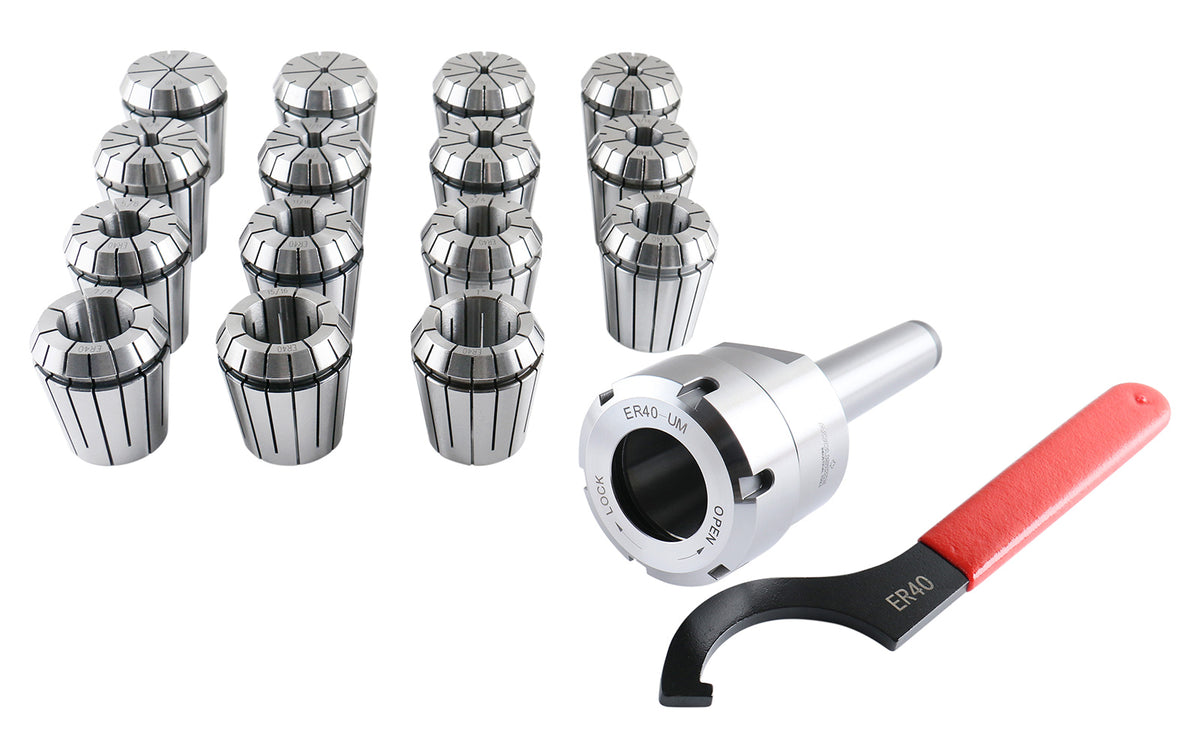 MT3 Shank ER40 Chuck with 15Pc Collets Kit, 1/8 inch - 1 inch by 16th, Morse Taper Collet System, 0223-0308