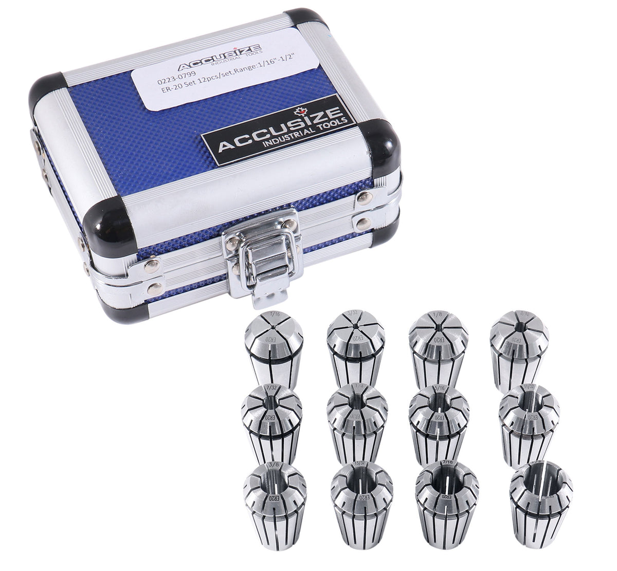 12 Pc Er-20 Collet Set, Size from 1/16'' up to 1/2'' in Fitted Strong Alunimum Box, 0223-0799