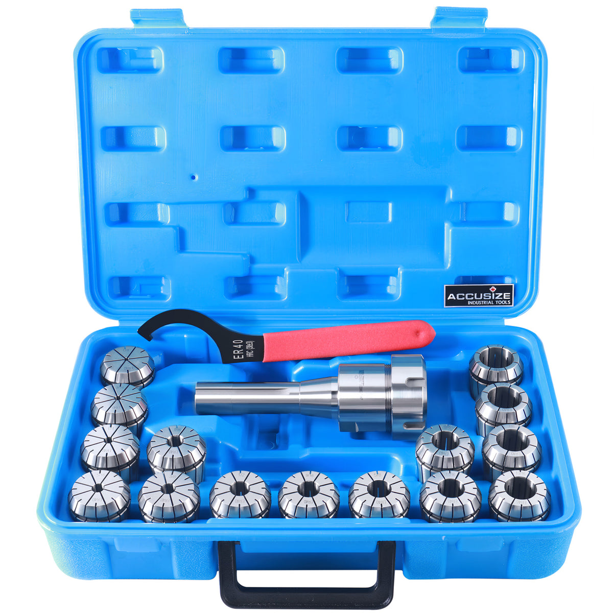 - 15 Pc ER40 Precision Collet Set with R8 Bridgeport Shank Holder & Wrench, High Accuracy Tooling for Milling & Drilling, in Fitted Box, 0223-0984