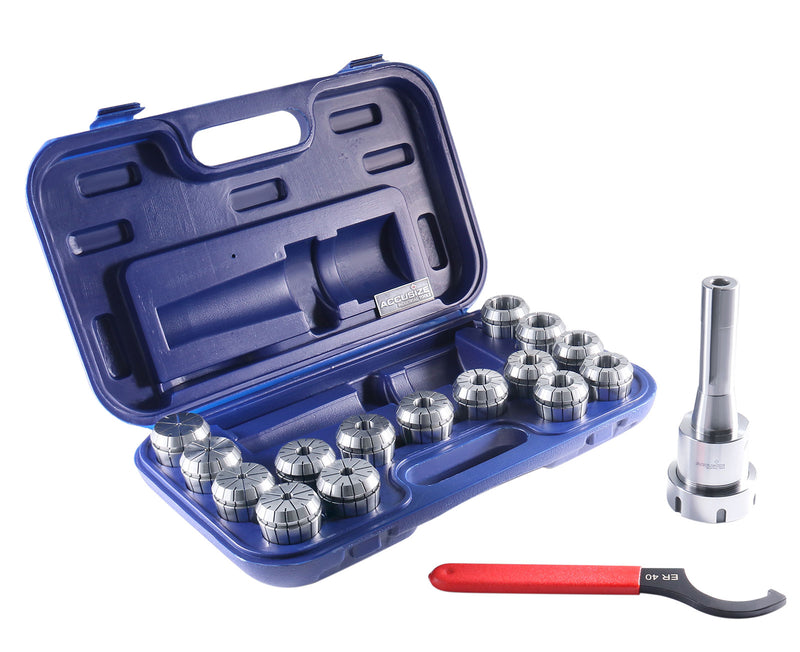 - 15 Pc ER40 Precision Collet Set with R8 Bridgeport Shank Holder & Wrench, High Accuracy Tooling for Milling & Drilling, in Fitted Box, 0223-0984