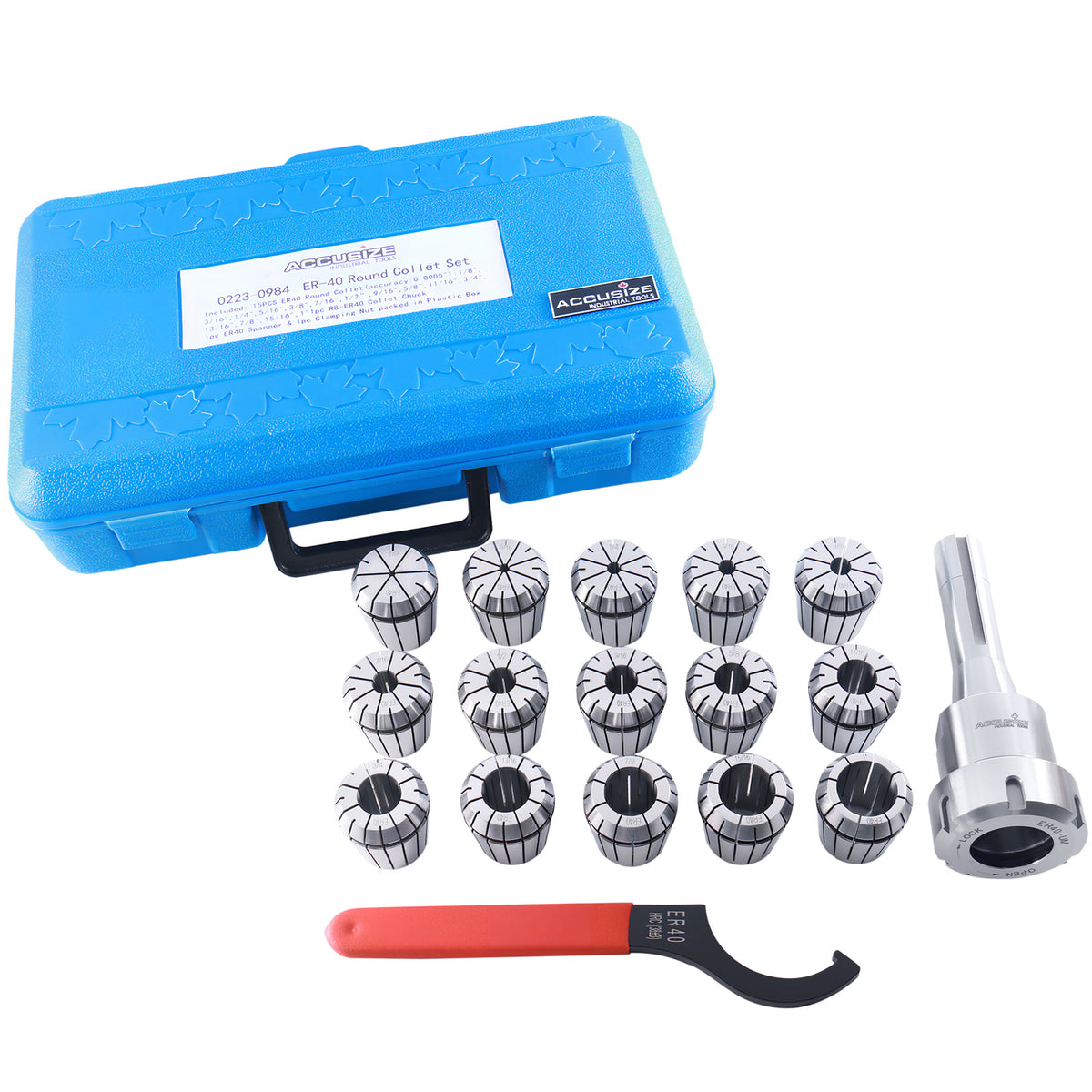 - 15 Pc ER40 Precision Collet Set with R8 Bridgeport Shank Holder & Wrench, High Accuracy Tooling for Milling & Drilling, in Fitted Box, 0223-0984