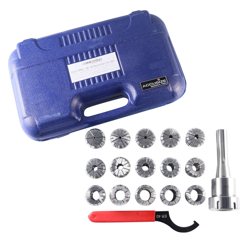 - 15 Pc ER40 Precision Collet Set with R8 Bridgeport Shank Holder & Wrench, High Accuracy Tooling for Milling & Drilling, in Fitted Box, 0223-0984