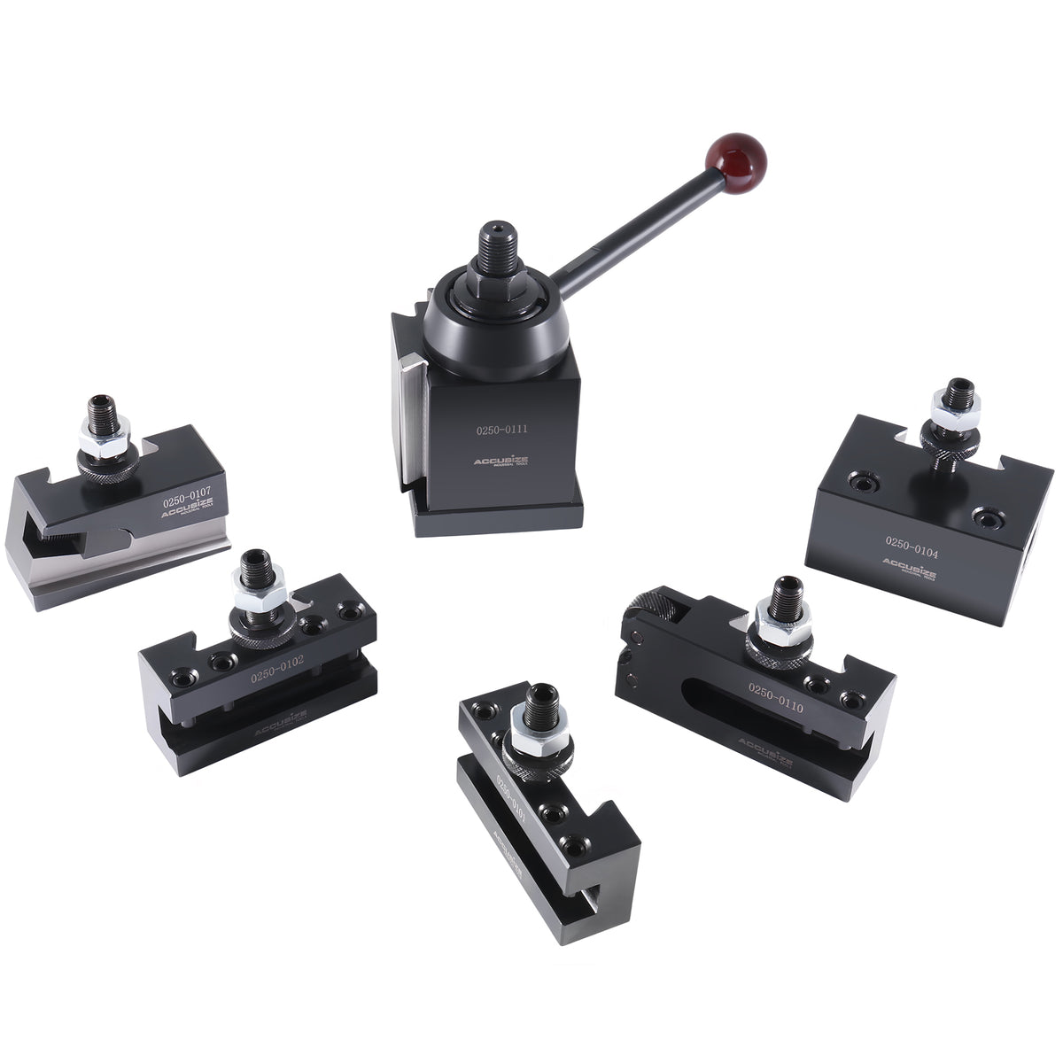 - AXA 6 Pc Wedge Type Quick Change Tool Post Set, for Lathe Swing 6-12 Inches, Includes 5 Tool Holders, 0251-0111