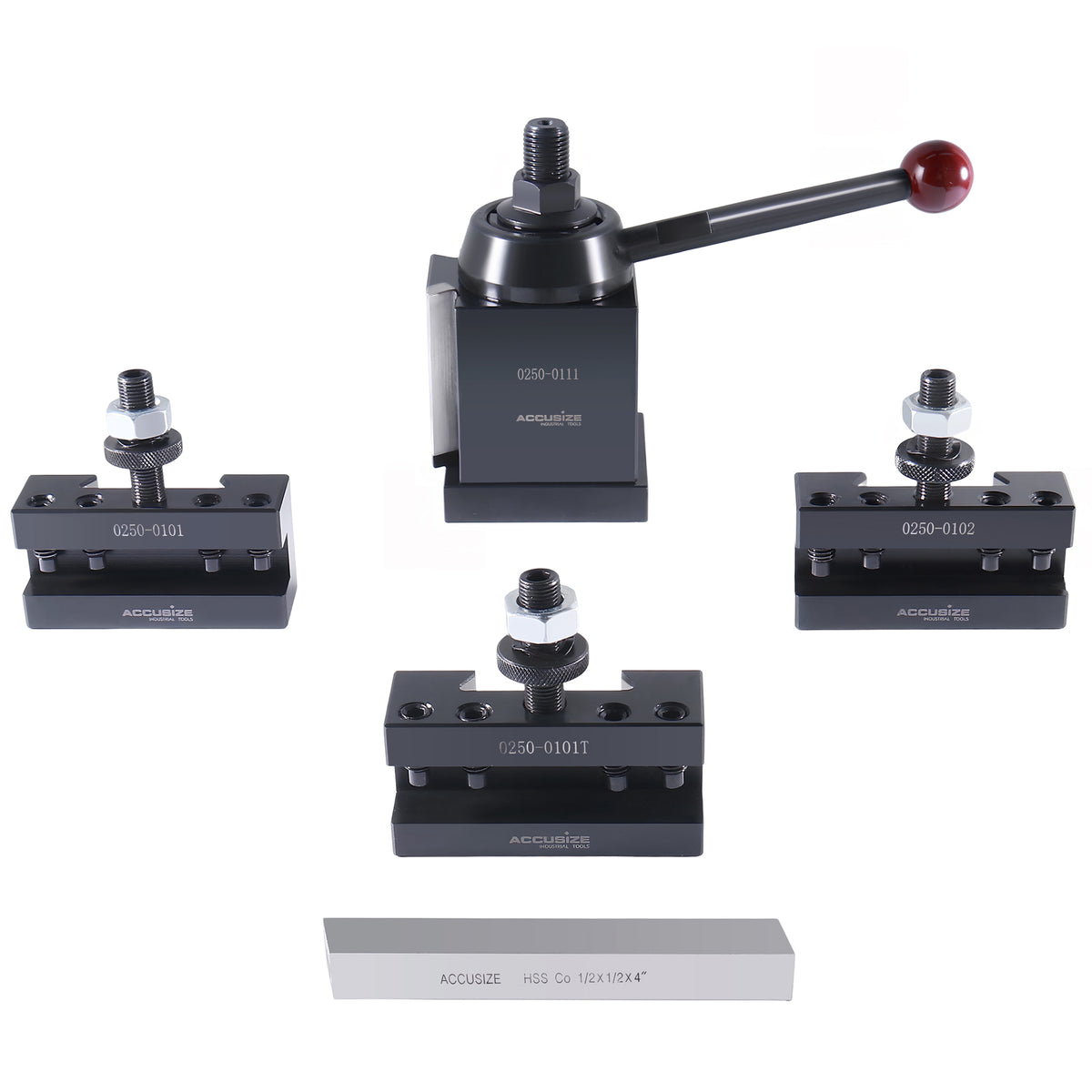 Axa 4 Pc Wedge Type Quick Change Tool Post Set for Lathe Swing 6'' - 12'' with 1/2'' M35 Square Lathe Bit, 0251-0155
