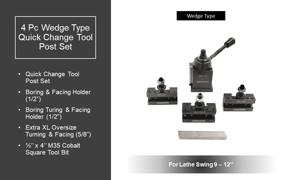 4 Pc Wedge Type Quick Change Tool Post Set for Lathe Swing 6" - 12" with 1/2" M35 Square Lathe Bit, 0251-0155