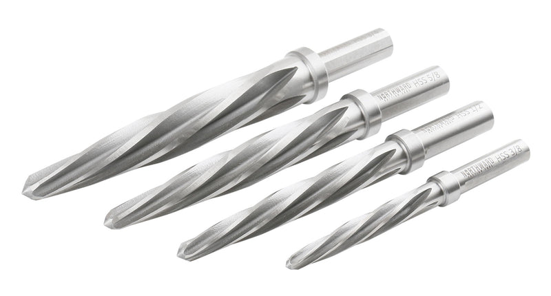 4 Pc H.S.S. Standard Spiral Flute Super Premium Car Reamer Set, 3/8", 1/2", 5/8", 3/4", to Fit 3/8'' or 1/2'' Shank Chuck, 0522-1808