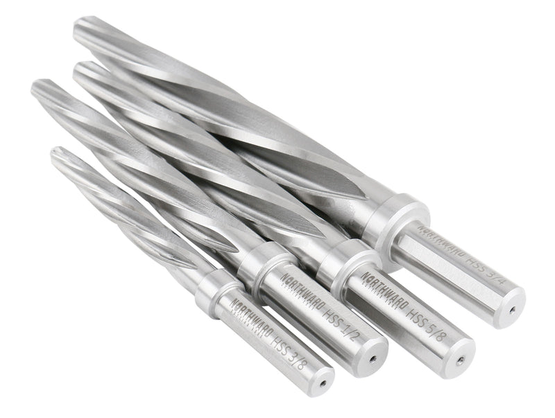 4 Pc H.S.S. Standard Spiral Flute Super Premium Car Reamer Set, 3/8", 1/2", 5/8", 3/4", to Fit 3/8'' or 1/2'' Shank Chuck, 0522-1808