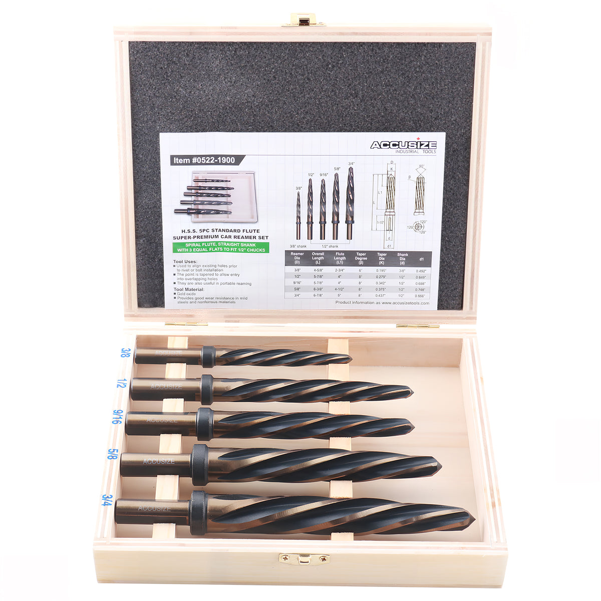 5 Pc H.S.S. Standard Spiral Flute Super Premium Car Reamer Set, 3/8", 1/2", 9/16'', 5/8", 3/4", to Fit 3/8'' or 1/2'' Shank Chuck