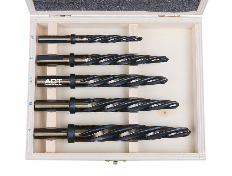 5 Pc H.S.S. Standard Spiral Flute Super Premium Car Reamer Set, 3/8", 1/2", 9/16'', 5/8", 3/4", to Fit 3/8'' or 1/2'' Shank Chuck