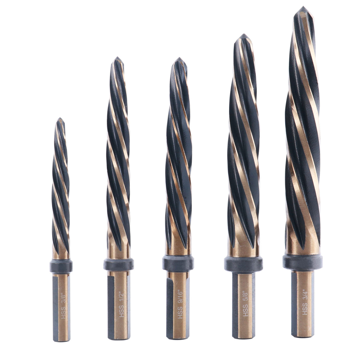 5 Pc H.S.S. Standard Spiral Flute Super Premium Car Reamer Set, 3/8", 1/2", 9/16'', 5/8", 3/4", to Fit 3/8'' or 1/2'' Shank Chuck