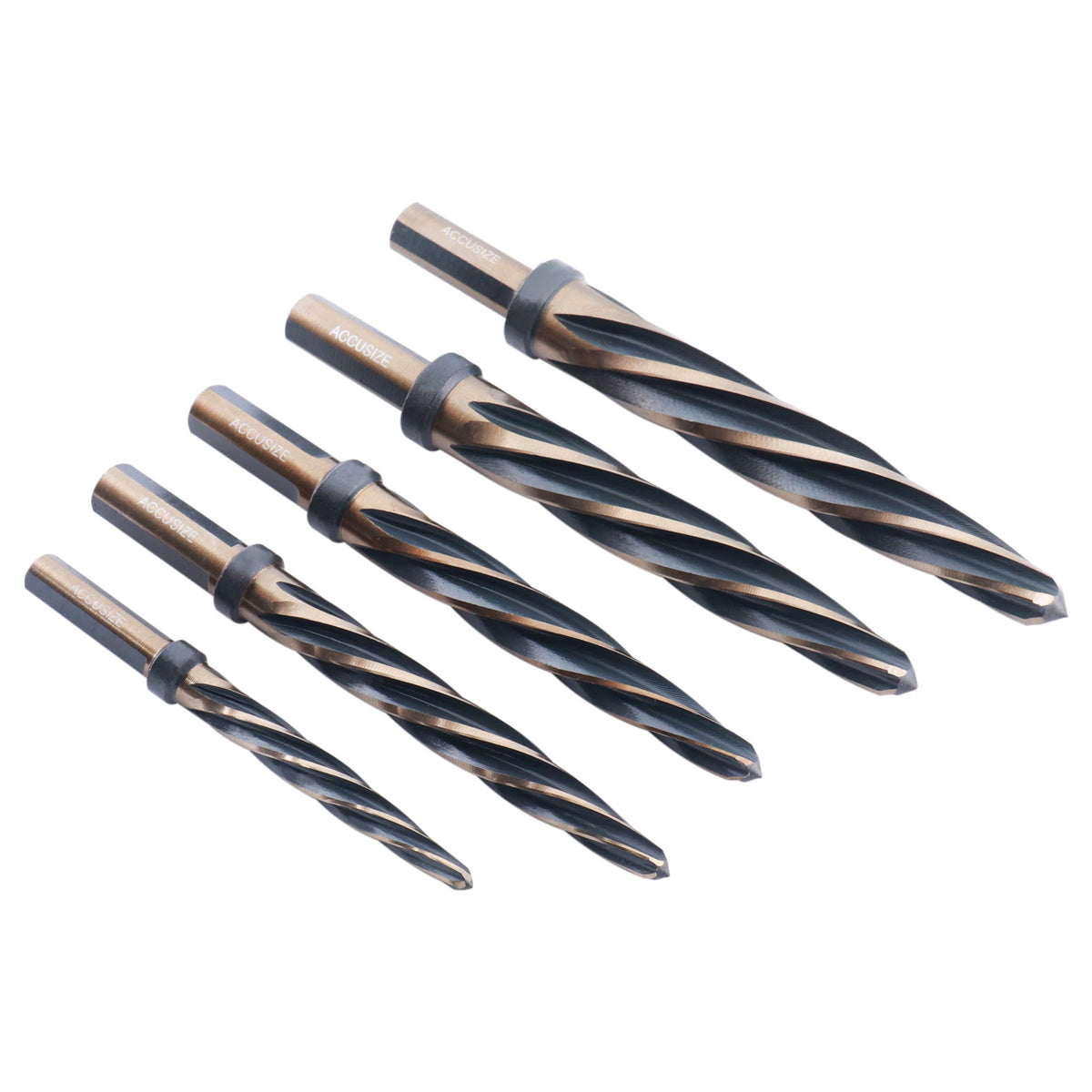 5 Pc H.S.S. Standard Spiral Flute Super Premium Car Reamer Set, 3/8", 1/2", 9/16'', 5/8", 3/4", to Fit 3/8'' or 1/2'' Shank Chuck