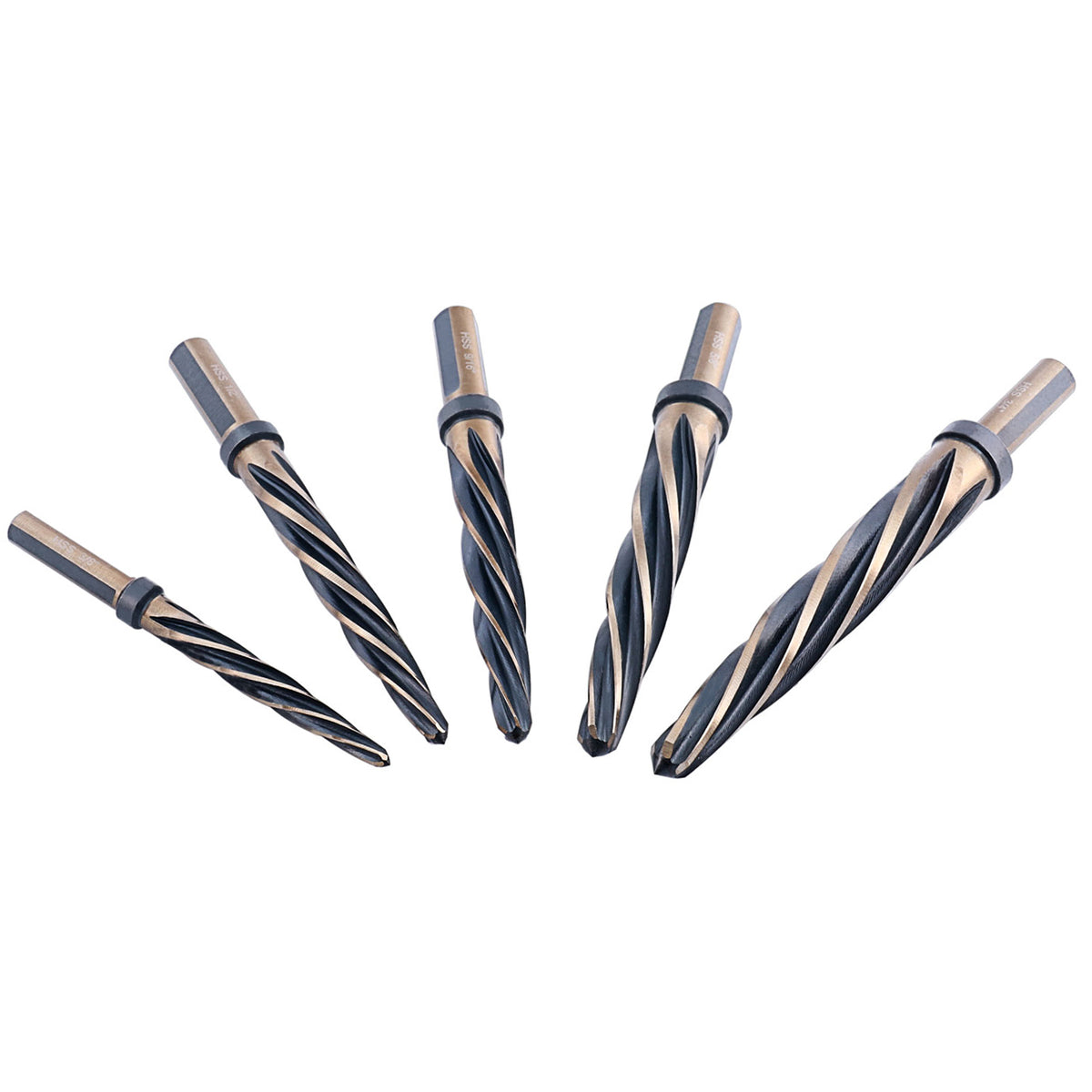 5 Pc H.S.S. Standard Spiral Flute Super Premium Car Reamer Set, 3/8", 1/2", 9/16'', 5/8", 3/4", to Fit 3/8'' or 1/2'' Shank Chuck