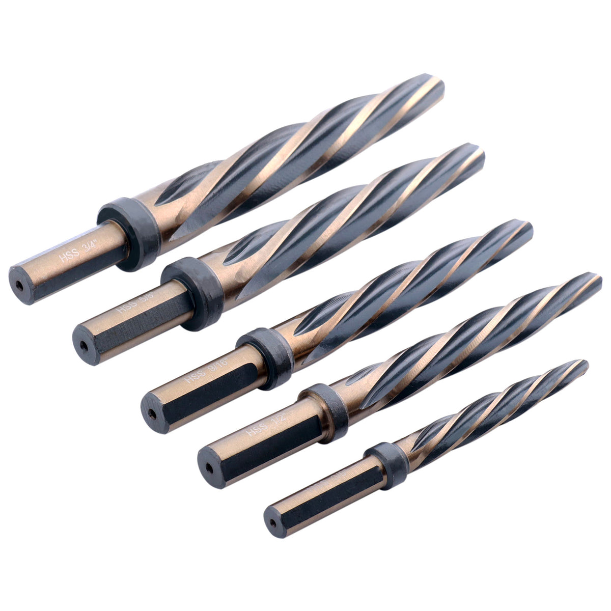 5 Pc H.S.S. Standard Spiral Flute Super Premium Car Reamer Set, 3/8", 1/2", 9/16'', 5/8", 3/4", to Fit 3/8'' or 1/2'' Shank Chuck