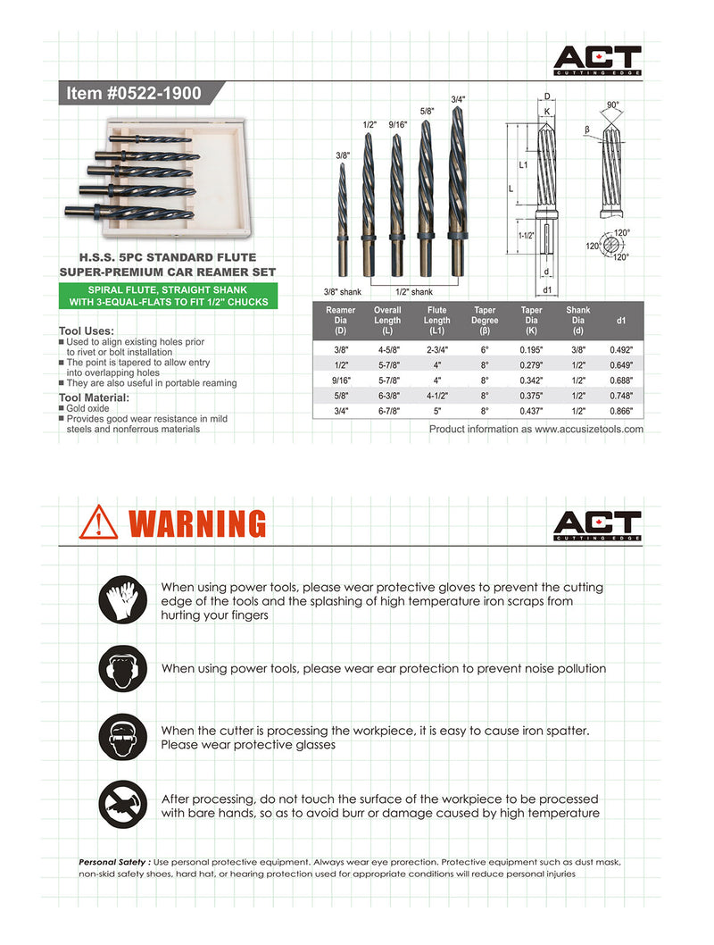 5 Pc H.S.S. Standard Spiral Flute Super Premium Car Reamer Set, 3/8", 1/2", 9/16'', 5/8", 3/4", to Fit 3/8'' or 1/2'' Shank Chuck