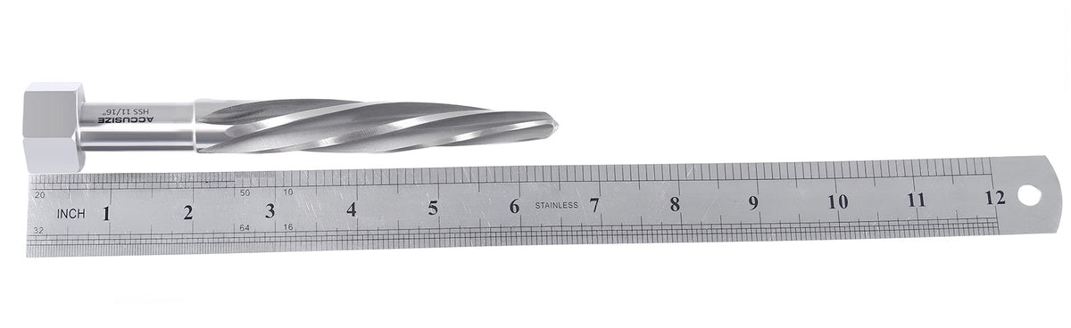 H.S.S. Aligning Reamer - 11/16'' Diameter, 4-1/2'' Flute Length, 6-1/2'' OAL, Hex Shank, Spiral Flute, 0523-6025