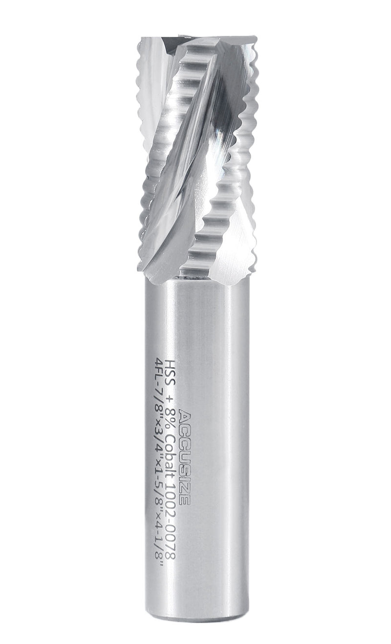 7/8'' 4 Flute, 7/8 by 3/4 by 1-5/8 by 4-1/8'' M42-8% Cobalt Roughing End Mill, Center Cutting, 1002-0078