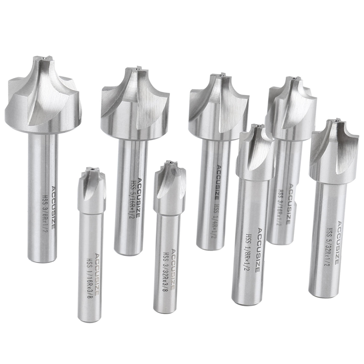 H.S.S. Corner Rounding End Mill Set Size from 1/16'' to 3/8'', 8 Pcs, 1011-0008