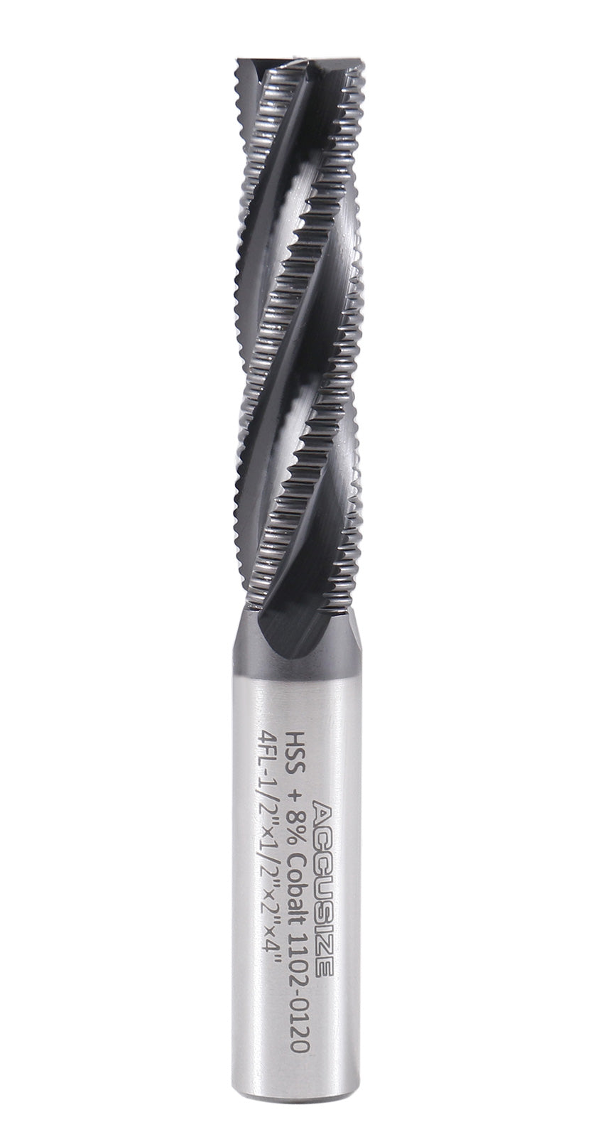 1/2'' Dia, M42 8% Cobalt Tialn Roughing End Mill, 1/2'' Shk Dia, 2'' Flt Length, 4'' Oal, 4 Flute, Coarse Tooth, 1102-0120