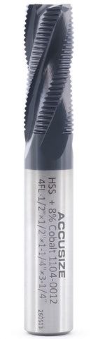 1/2'' Fine Tooth M42 8% Cobalt Tialn Roughing End Mill, 1/2'' Shk Dia, 1-1/4'' Flute Length, 3-1/4'' Oal, 4 Flute, 1104-0012