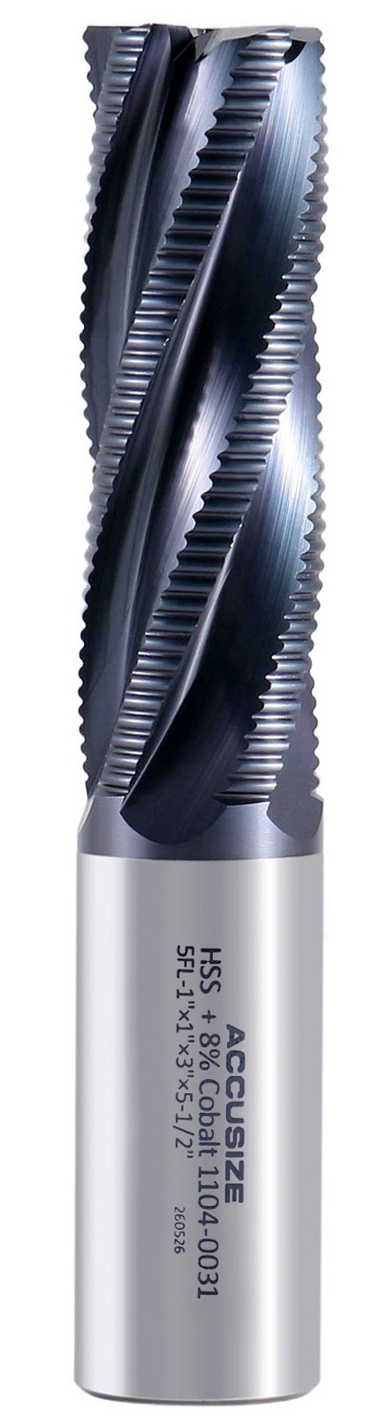 1'' Fine Tooth M42 8% Cobalt Tialn Roughing End Mill, 1'' Shk Dia, 3'' Flute Length, 5-1/2'' Oal, 5 Flute, 1104-0031