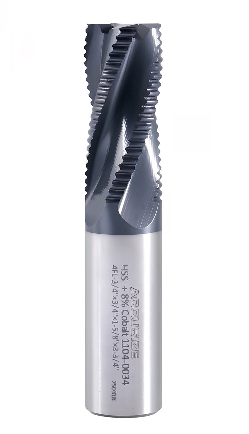 3/4'' Fine Tooth M42 8% Cobalt Tialn Roughing End Mill, 3/4'' Shk Dia, 1-5/8'' Flute Length, 3-3/4'' Oal, 4 Flute, 1104-0034