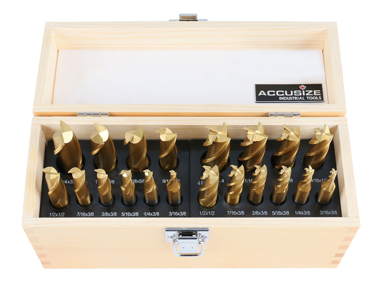 20 Pc Hss Tin Coated End Mill Set, 2 Flute and 4 Flute, Cutting Diameter from 3/16'' up to 3/4'', 1810-0100
