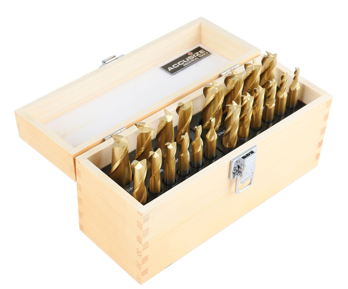 20 Pc Hss Tin Coated End Mill Set, 2 Flute and 4 Flute, Cutting Diameter from 3/16'' up to 3/4'', 1810-0100