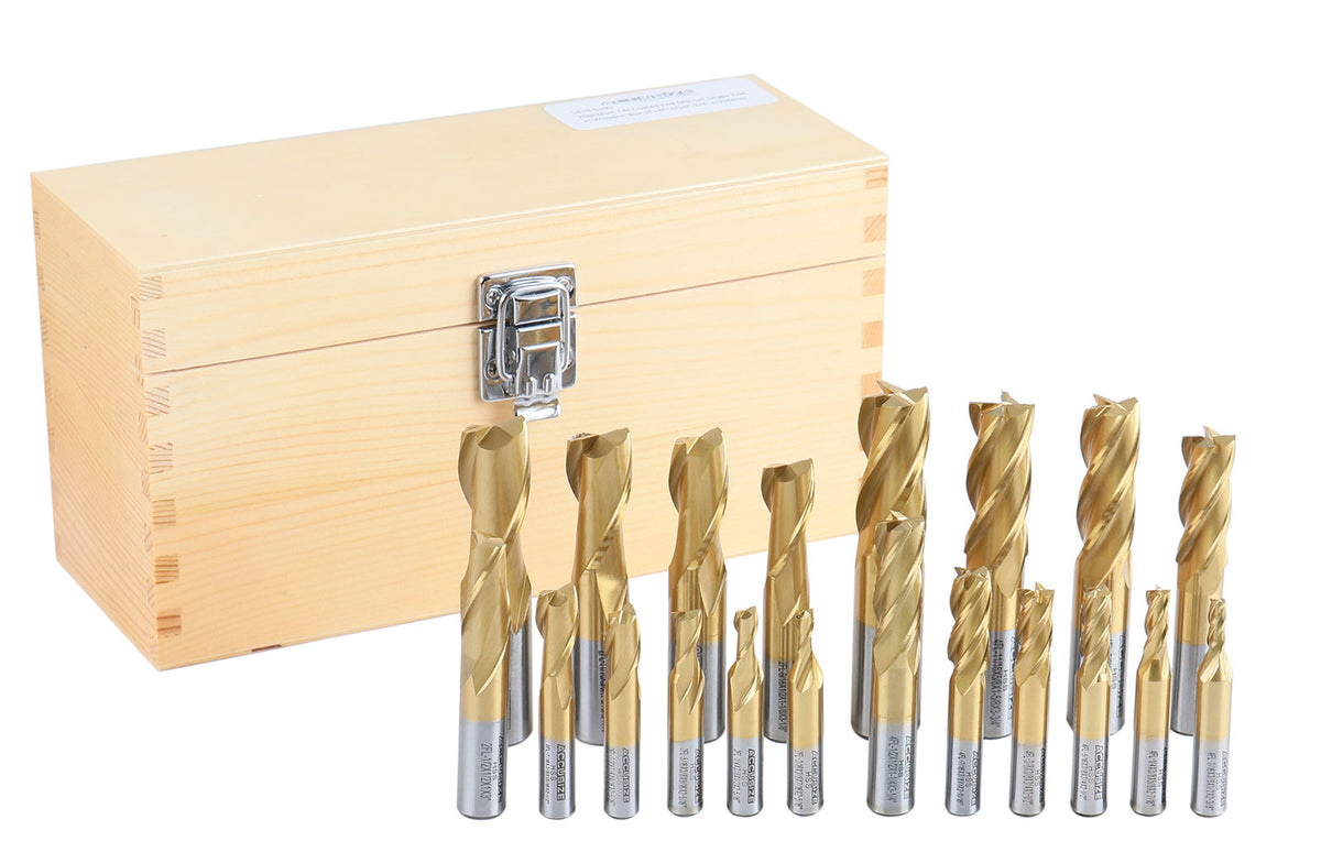 20 Pc Hss Tin Coated End Mill Set, 2 Flute and 4 Flute, Cutting Diameter from 3/16'' up to 3/4'', 1810-0100