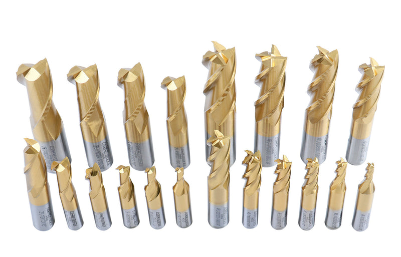 20 Pc Hss Tin Coated End Mill Set, 2 Flute and 4 Flute, Cutting Diameter from 3/16'' up to 3/4'', 1810-0100