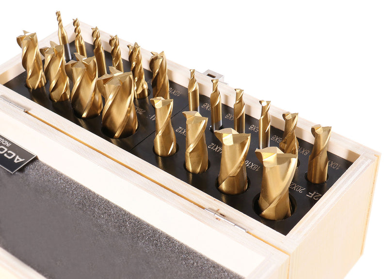 20 Pc H.S.S. Tin Coated End Mill Set, Metric Size, Cutting Diameter from 3 mm up to 20 mm, 2 Flute and 4 Flute, 1810-0104
