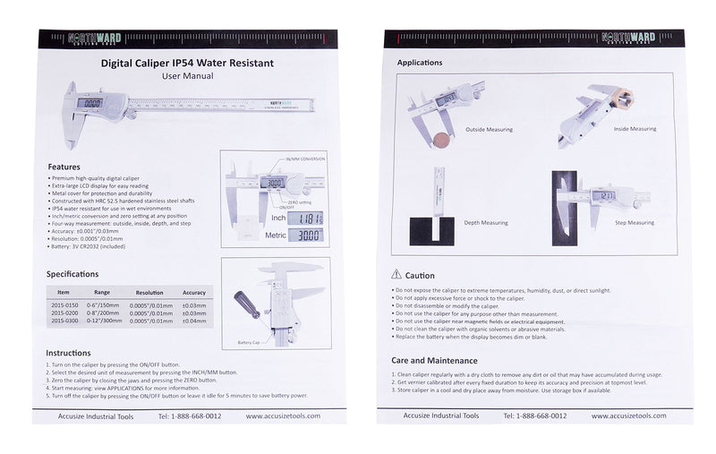 Digital Caliper, 0-6''/0-150 mm Range by 0.0005''/0.01 mm Resolution, Large LCD, Ip54 Water Resistant, 2015-0150