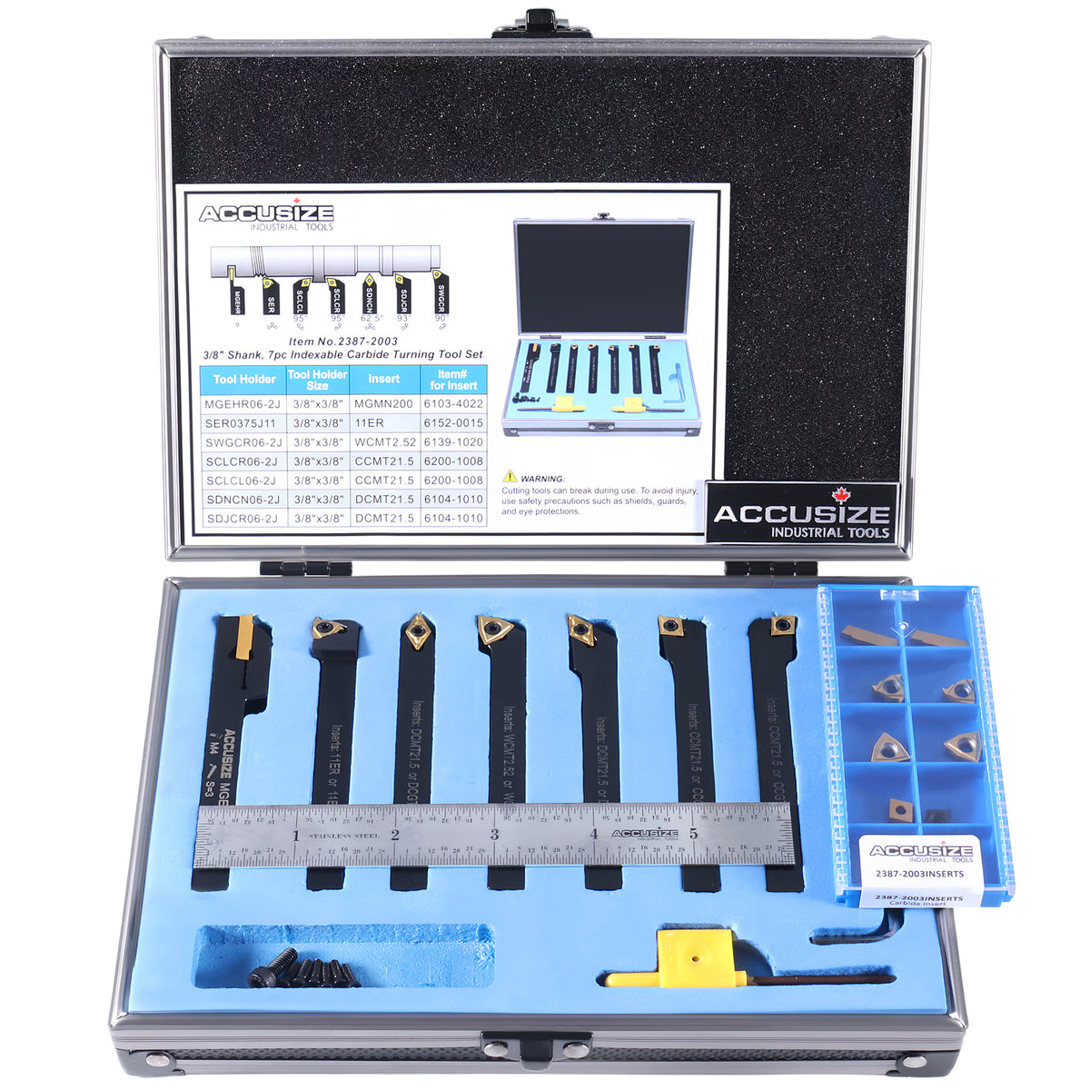 7 Pieces/Set 3/8'' Indexable Carbide Turning Tool Set with 10 Extra Carbide Inserts in Fitted Box, 2387-2003plus