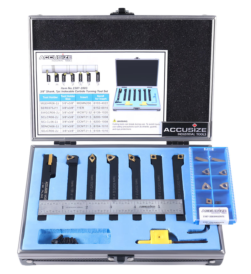 7 Pieces/Set 3/8'' Indexable Carbide Turning Tool Set with 10 Extra Carbide Inserts in Fitted Box, 2387-2003plus