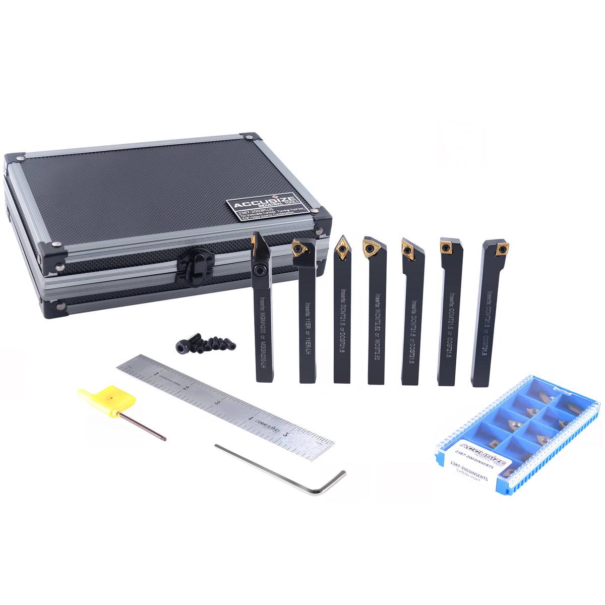 7 Pieces/Set 3/8'' Indexable Carbide Turning Tool Set with 10 Extra Carbide Inserts in Fitted Box, 2387-2003plus
