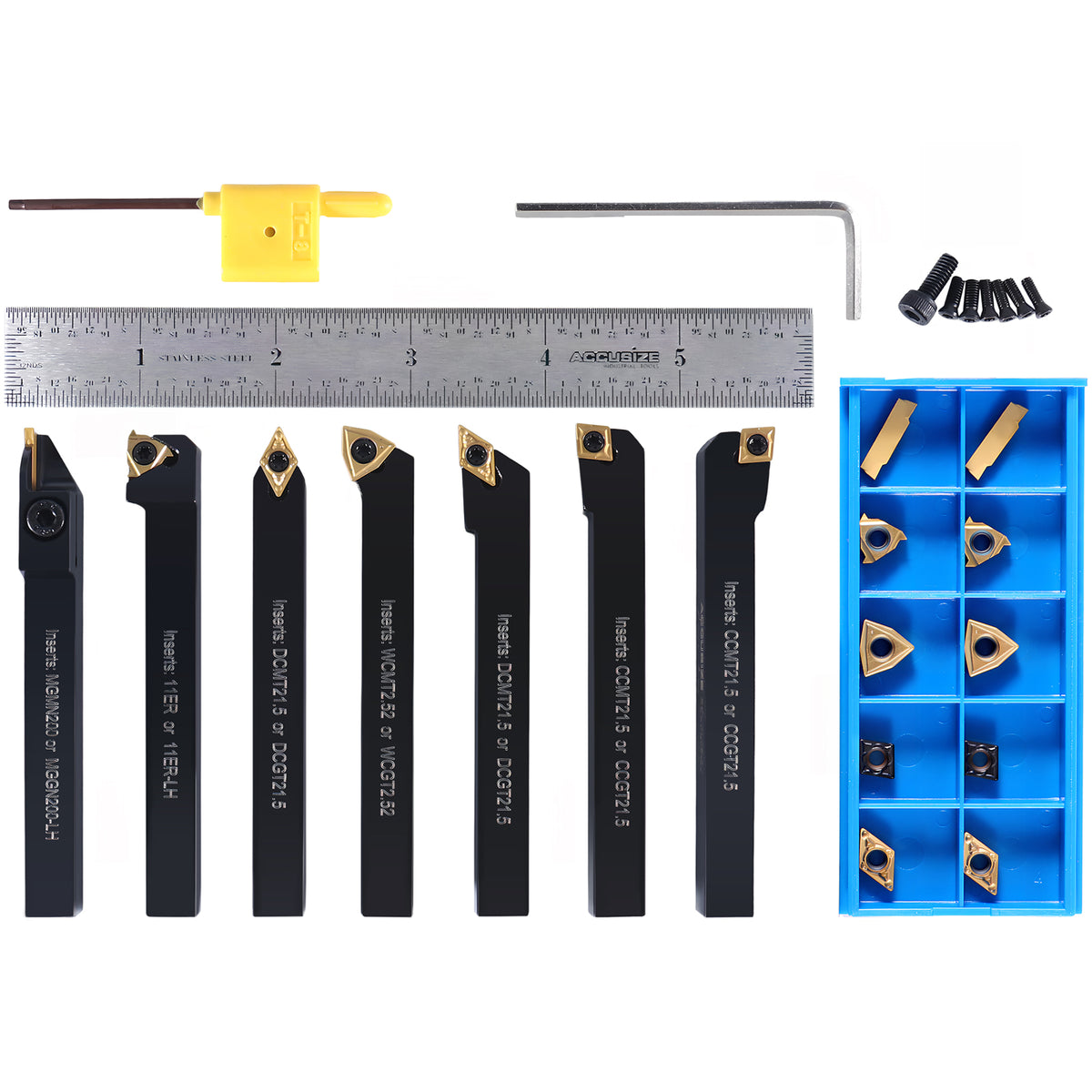 7 Pieces/Set 3/8'' Indexable Carbide Turning Tool Set with 10 Extra Carbide Inserts in Fitted Box, 2387-2003plus